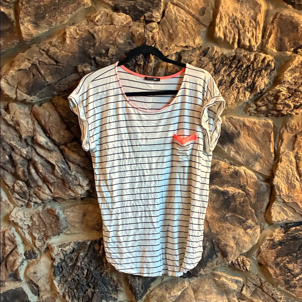 Papermoon White and Black Striped Top with Pink Accents